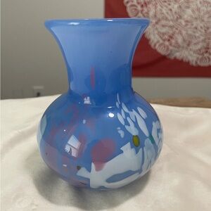 Blue and whitevase handblown glass multi colored glass 5 inch vase tall